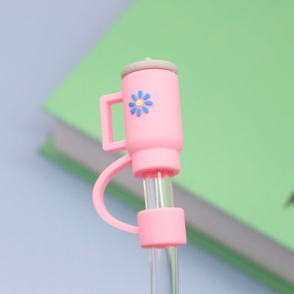 Tea Cup Shape Silicone Straw Topper Covers Pink 