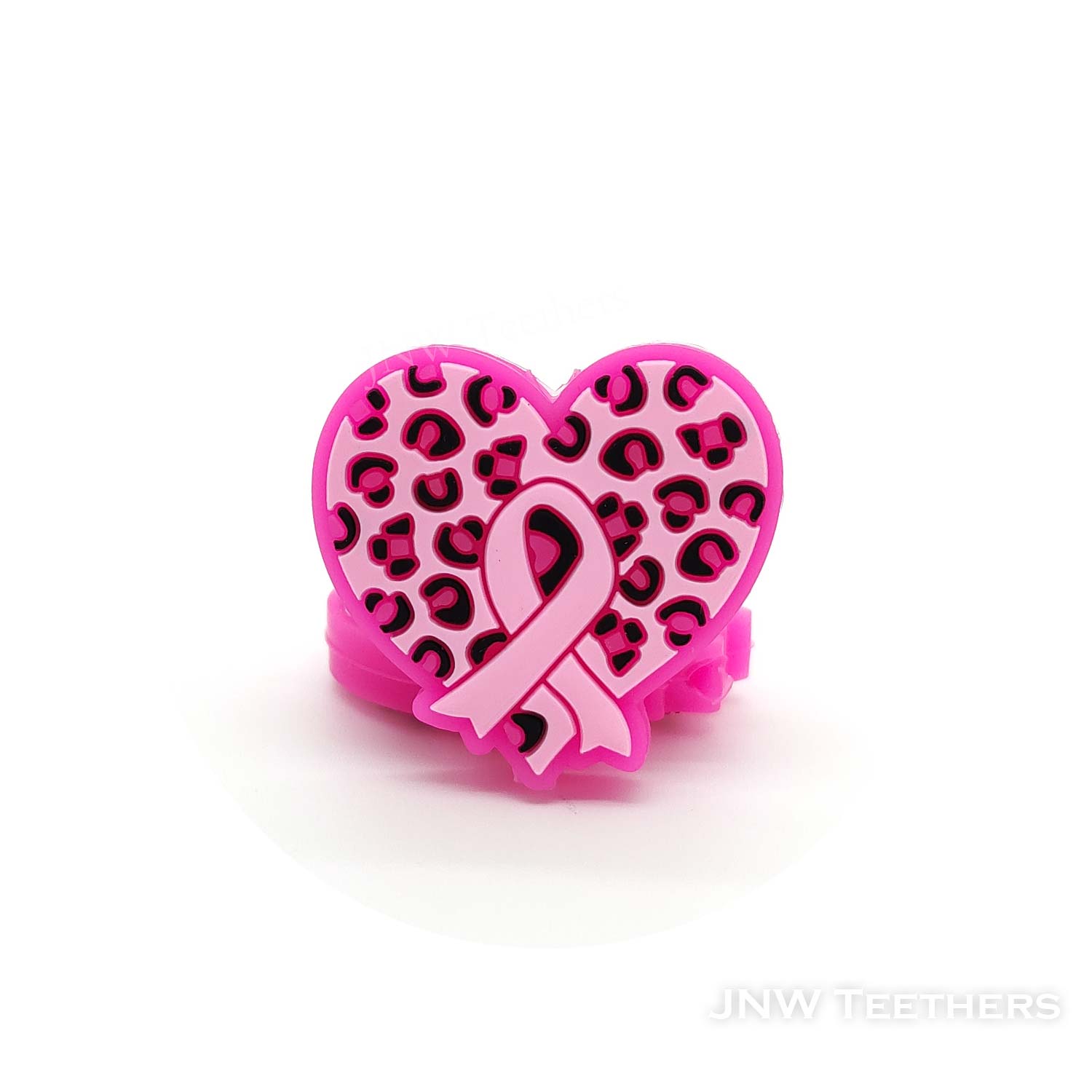 Pink leopard heart with cancer ribbon silicone focal beads