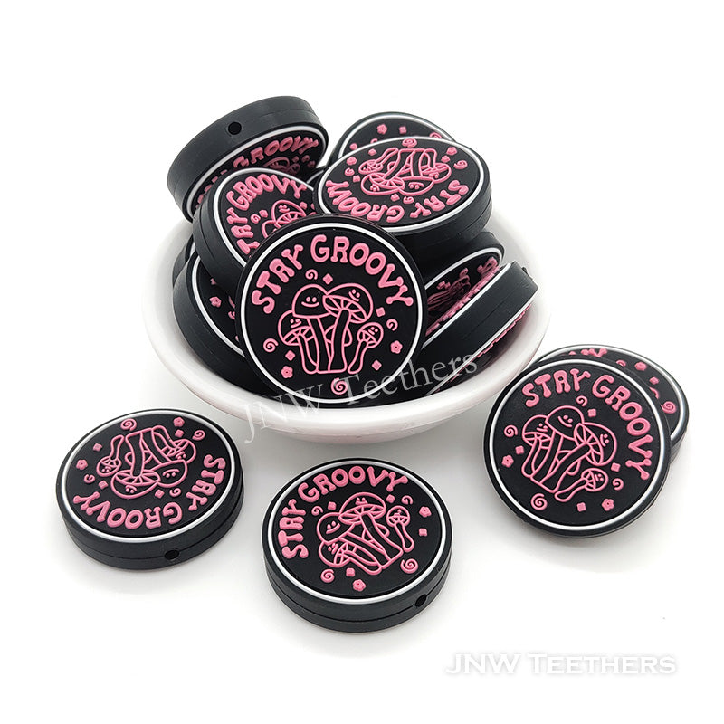 Pink mushroom stay groovy silicone focal beads