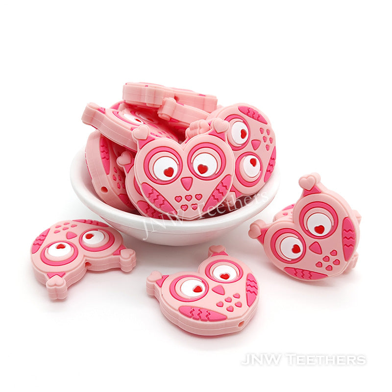 Heart shape pink owl silicone focal beads