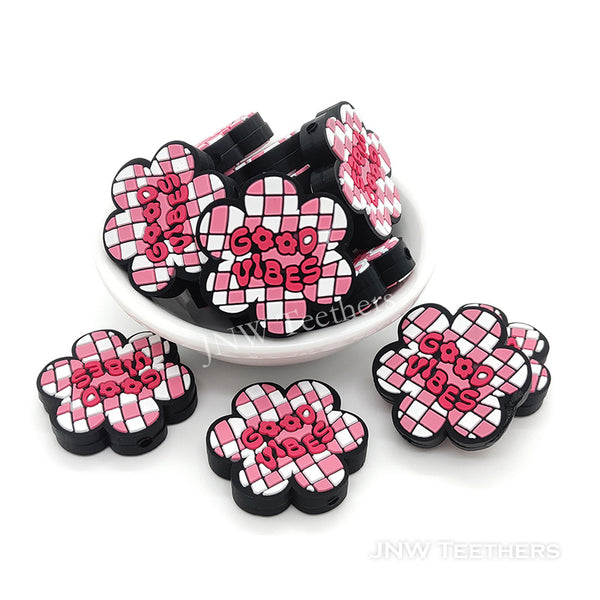 Pink plaid flower good vibes silicone focal beads