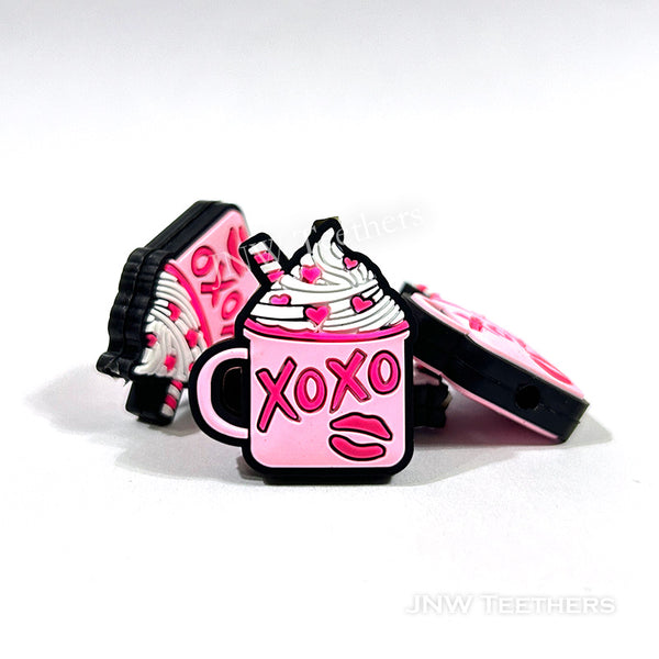 Pink XOXO heart coffee silicone focal beads