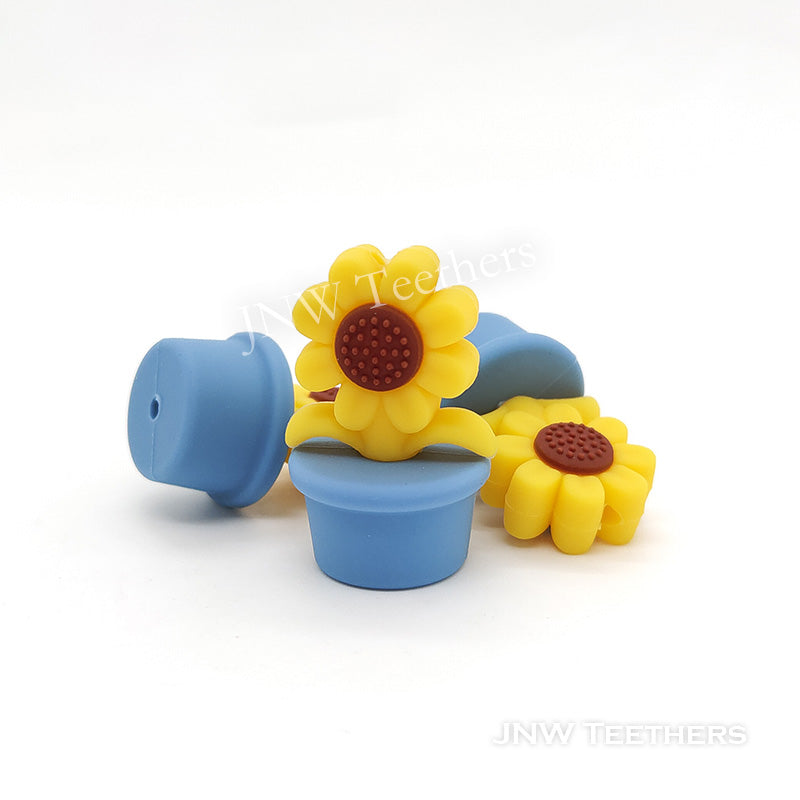 Powder Blue Sunflower in Pot Silicone Focal Beads