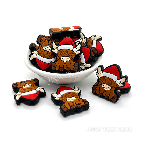 Christmas red hat highland cow silicone focal beads brown