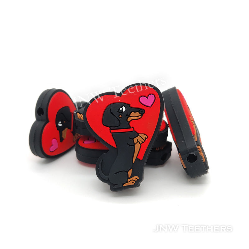 Red heart Dachshund silicone focal beads