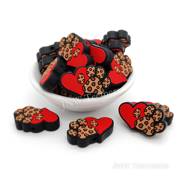 Red heart leopard printed paw silicone focal beads