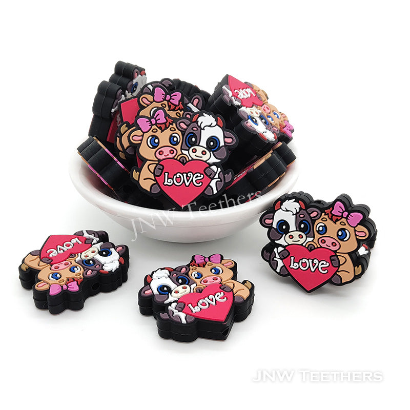 Red heart love cows silicone focal beads