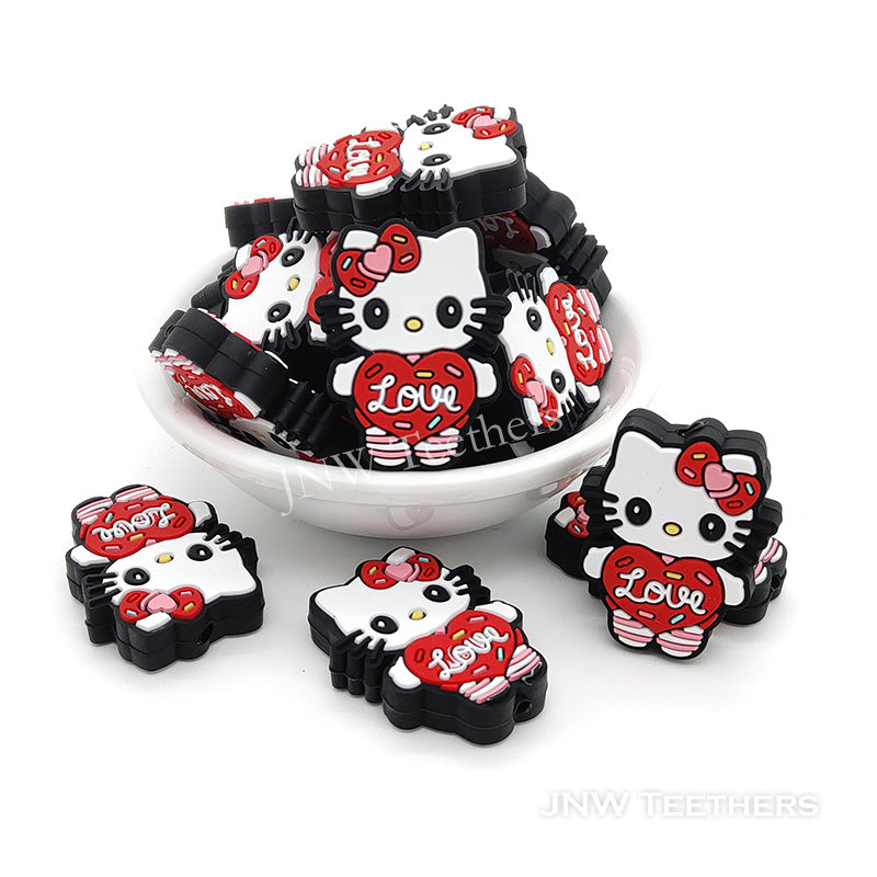 Red heart love Kitty cat silicone focal beads