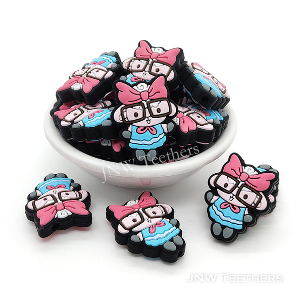 Pink bowknot sheep in blue silicone focal beads