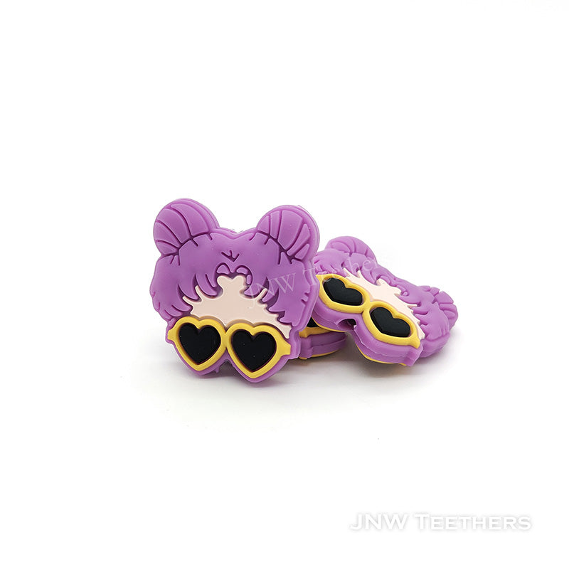 Purple Little Girl with Heart Shape Sunglasses Silicone Focal Beads