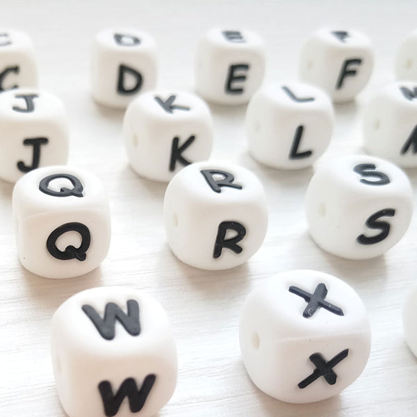Square White Alphabet Silicone Beads 12mm