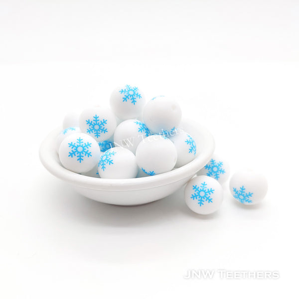 15mm Snowflake Printed Silicone Round Beads 