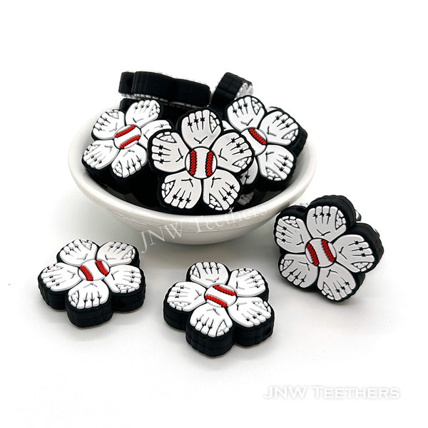 Baseball flower silicone focal beads white