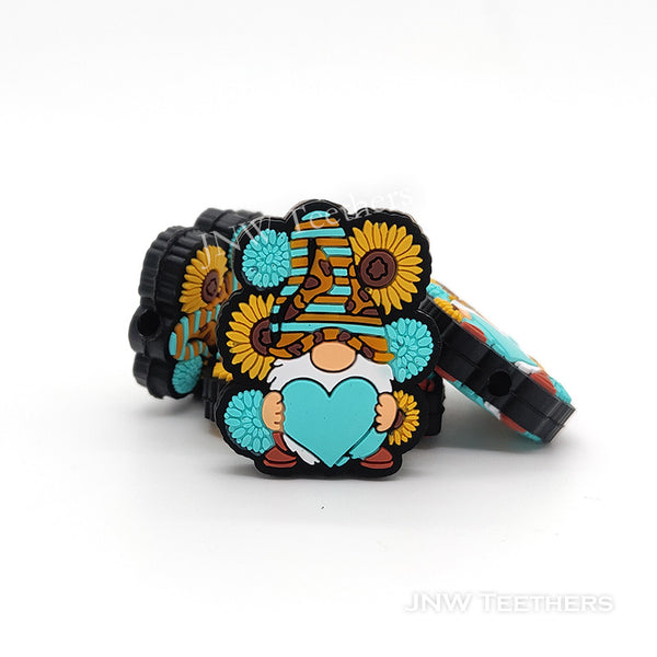 Teal heart sunflower gnome silicone focal beads