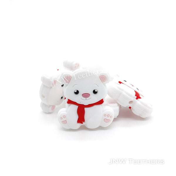 Snow White Bear in Red Scarf Silicone Focal Beads