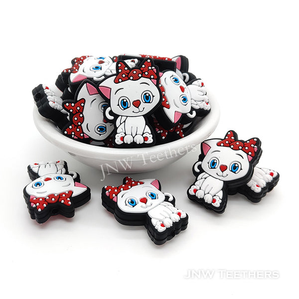 White kitten in red bowknot silicone focal beads