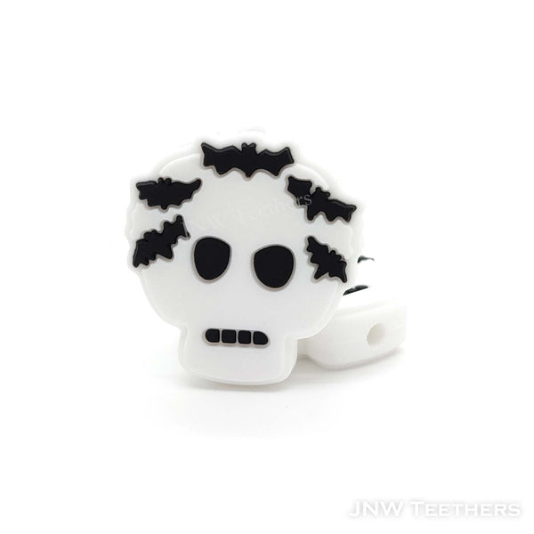 White skull head with black bat silicone focal beads