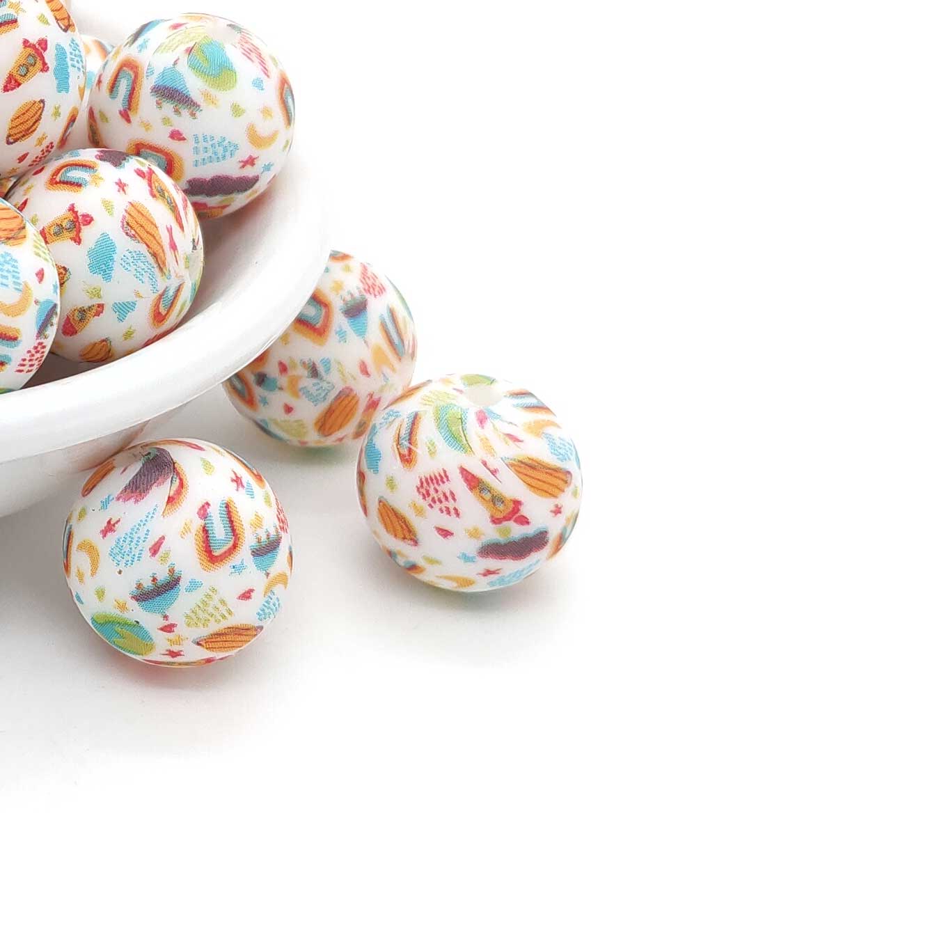 Perles rondes en silicone imprimées citron de 15 mm - 10 perles