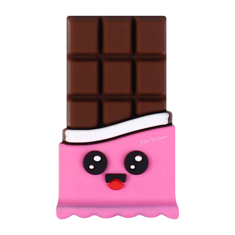 JNWTeethers 3D Chocolate Bar Silicone Focal Beads, Kawaii-style chocolate bar with a cute face on a pink wrapper.