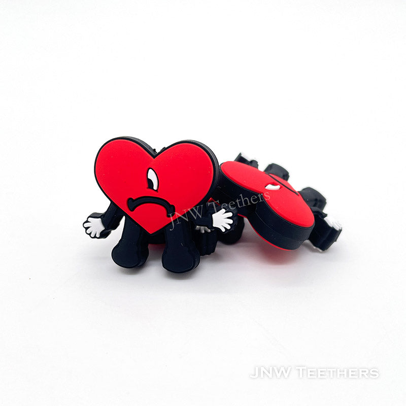Bad Bunny Red Heart Silicone Beads, Silicone Focal Beads
