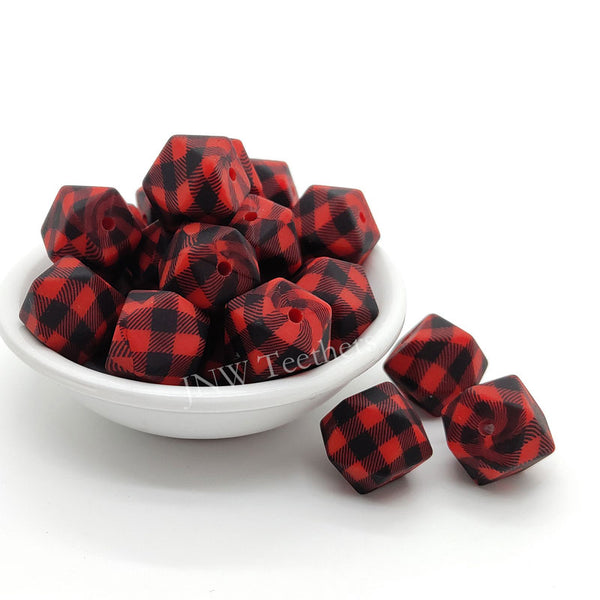 Black and red plaid printed silicone hexagon beads