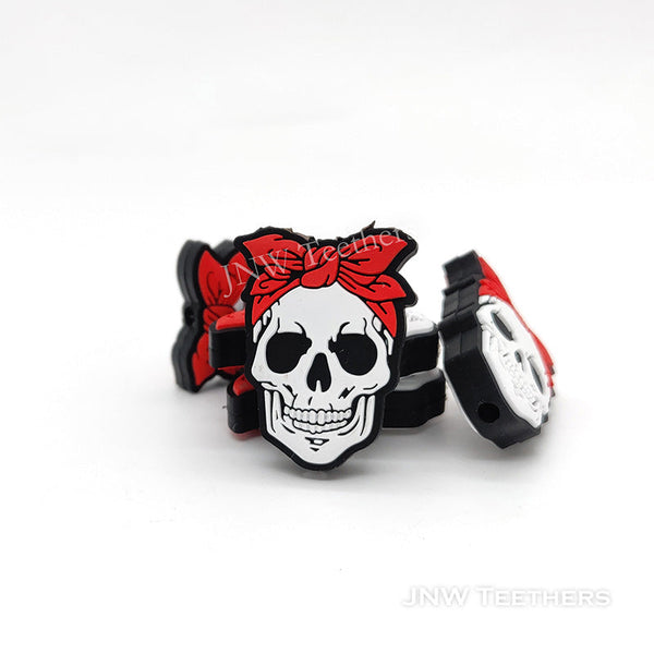 Horrible White Skull with Red Bow knot Silicone Focal Beads
